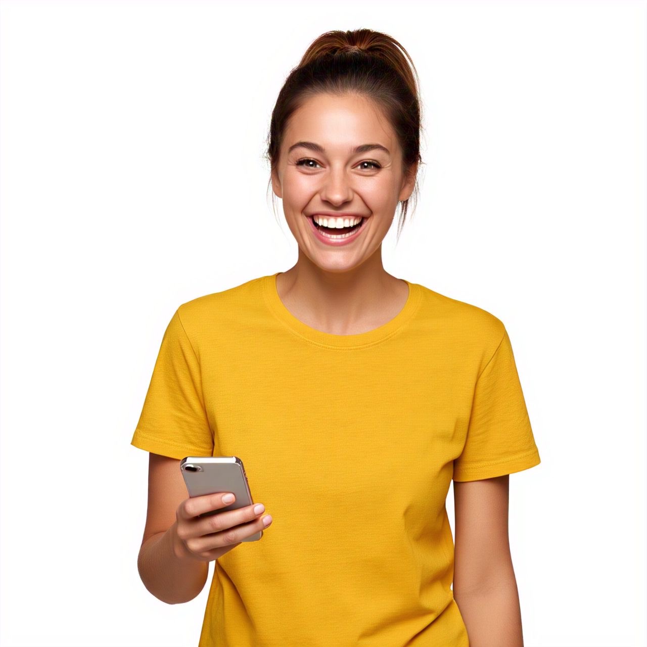 Pessoa muito feliz, com celular na mão depois de fazer um pedido pelo app da IOUPIE.