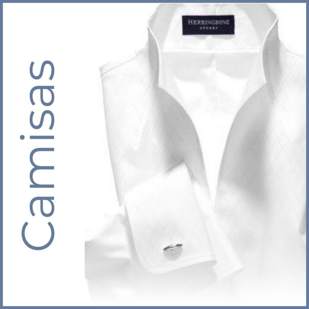 Camisa social branca com a palavra "Camisas" à esquerda