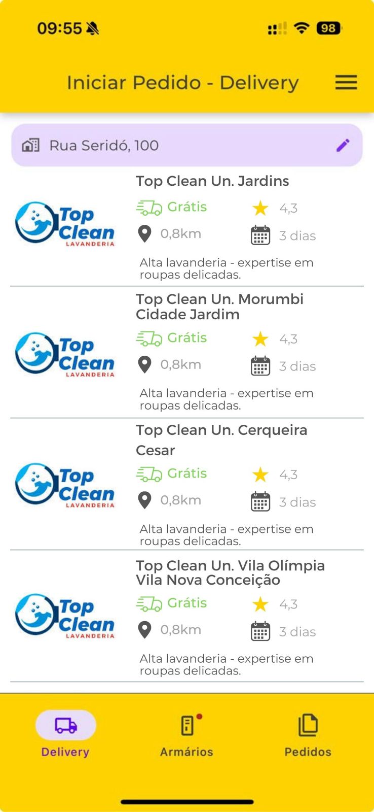 Tela inicial do app da IOUPIE mostrando as unidades da Top Clean Lavanderia
