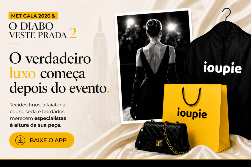 Banner inspirado no Met Gala 2026 e em O Diabo Veste Prada 2 com vestido de luxo, bolsa preta premium e identidade visual da IOUPIE em amarelo, preto e branco.