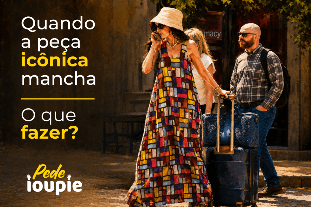 Vestido colorido manchado inspirado em O Diabo Veste Prada com dica sobre cuidado profissional para roupas delicadas.