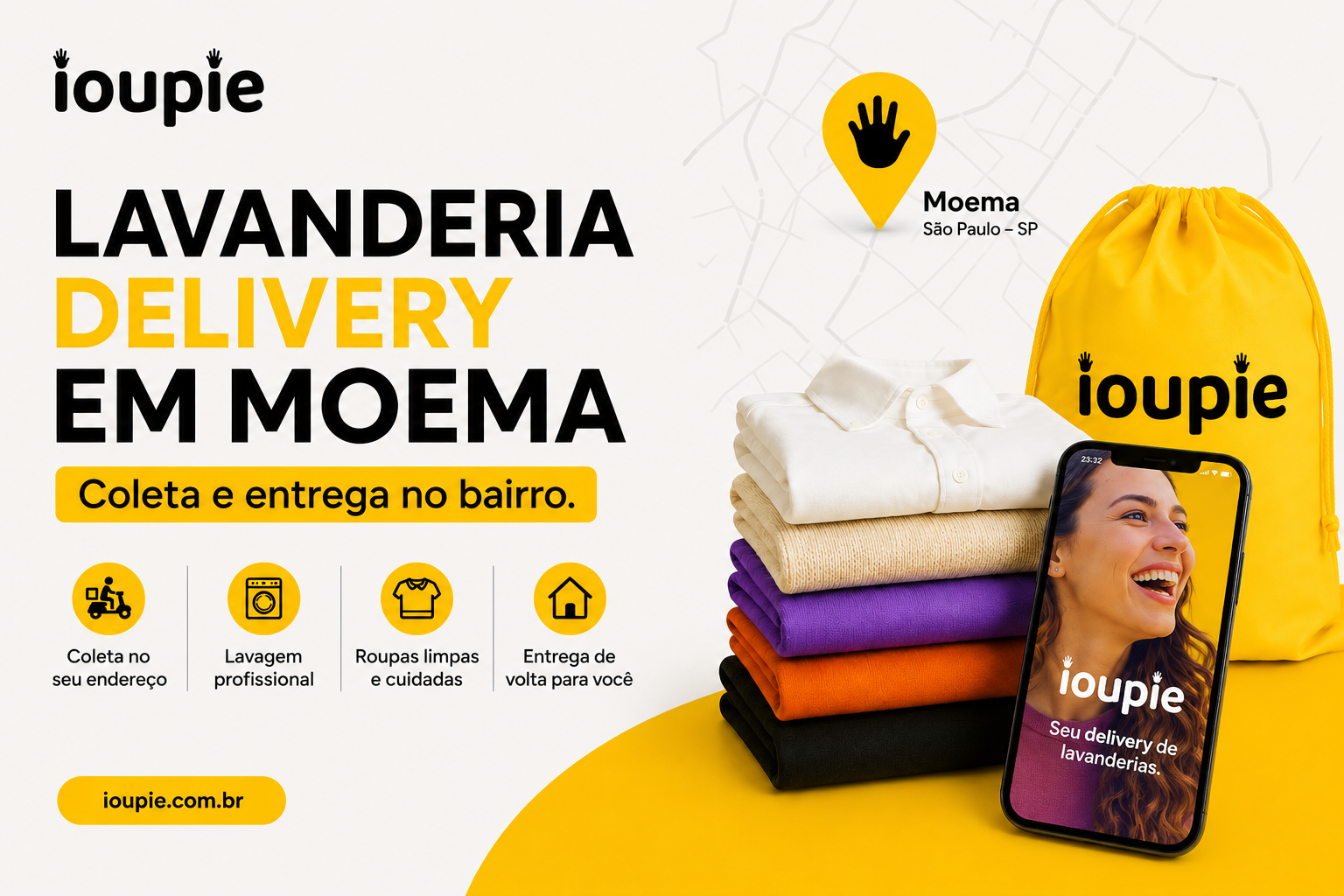 Lavanderia em Moema SP com delivery, coleta e entrega de roupas pelo app IOUPIE.