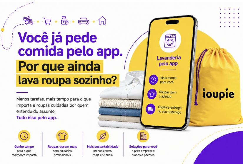 Lavanderia pelo app da IOUPIE com coleta e entrega de roupas no seu endereço.