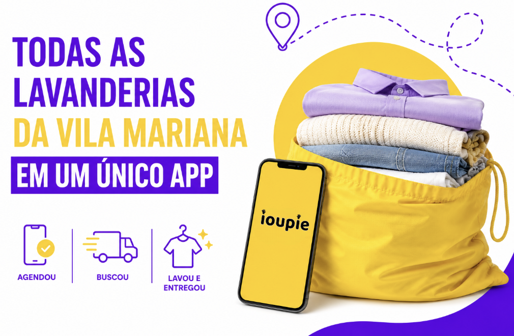Banner da IOUPIE mostrando lavanderias na Vila Mariana em um único app, com coleta e entrega de roupas em São Paulo.