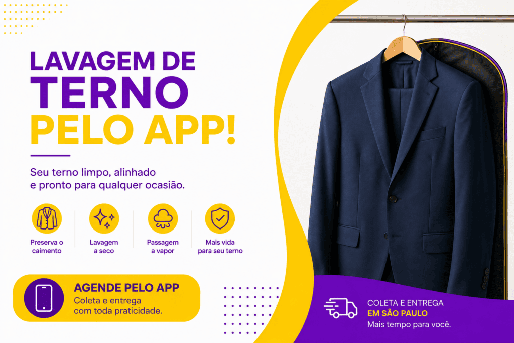 Lavagem de terno pelo app em São Paulo com coleta e entrega. A IOUPIE conecta você a lavanderias parceiras especializadas em lavagem a seco e passagem profissional.