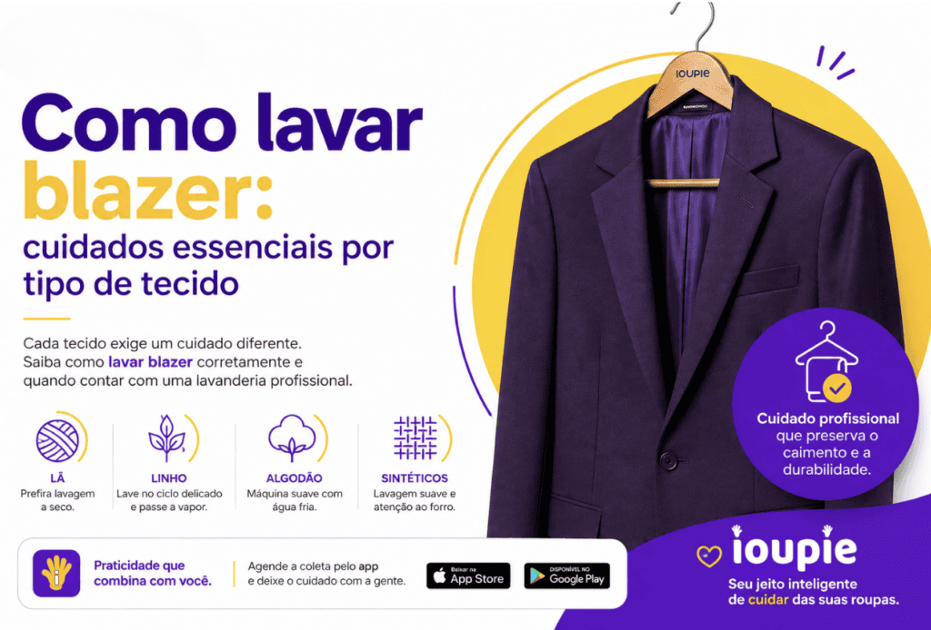 Como lavar blazer corretamente de acordo com o tipo de tecido. Guia da IOUPIE com cuidados para blazers de lã, linho, algodão e tecidos sintéticos, além de orientações sobre quando optar pela lavanderia profissional.