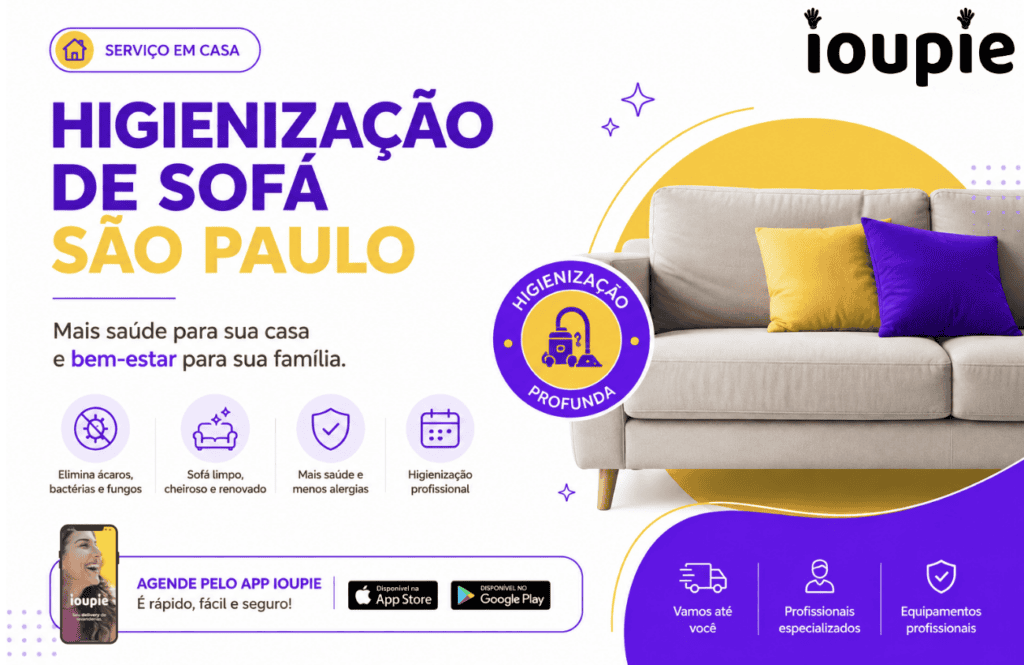 Higienização de sofá em São Paulo com atendimento em domicílio pela IOUPIE. Serviço profissional para eliminar ácaros, bactérias, fungos e odores, promovendo mais saúde e bem-estar para a família.